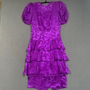 Silk Studio Dress Womens 4 Purple Floral Silk Tiered Ruffle Puff Sleeve Vintage